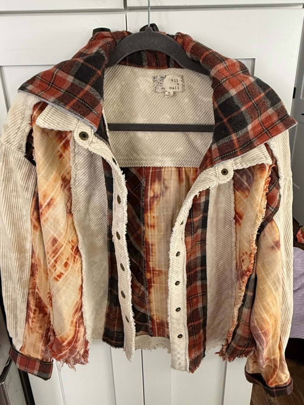 Oli & Hali Cream Corduroy and Rust Plaid Hooded Jacket